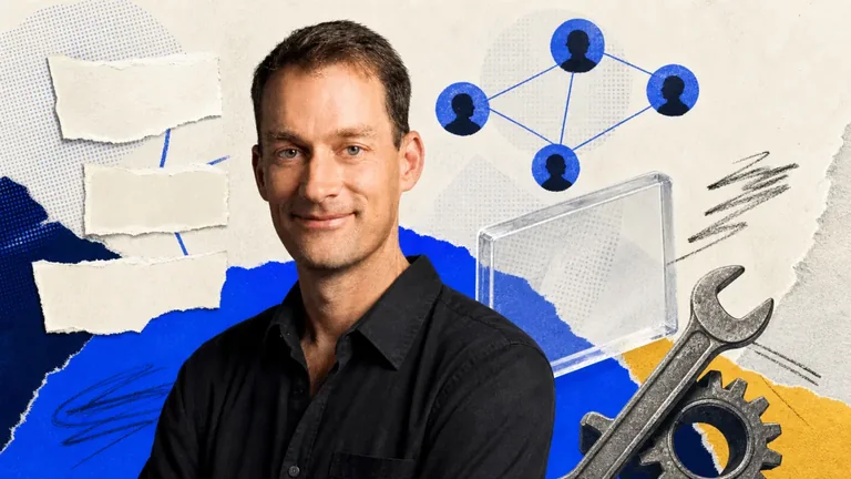 Jeff Dean em colagem editorial com camadas de contexto e conexões de sistemas de IA.