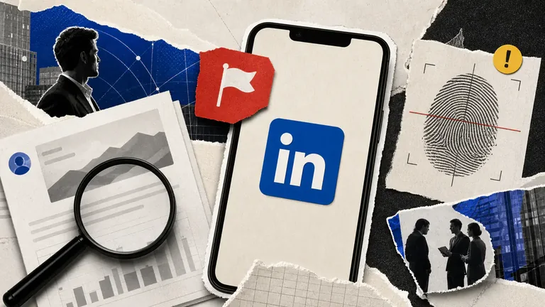 Colagem editorial sobre denúncia de conteúdo de baixa qualidade feito por IA no LinkedIn