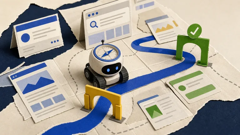 Colagem editorial sobre navegação agêntica em sites