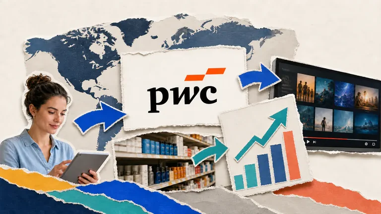 Colagem editorial sobre a projeção da PwC para a publicidade global até 2030