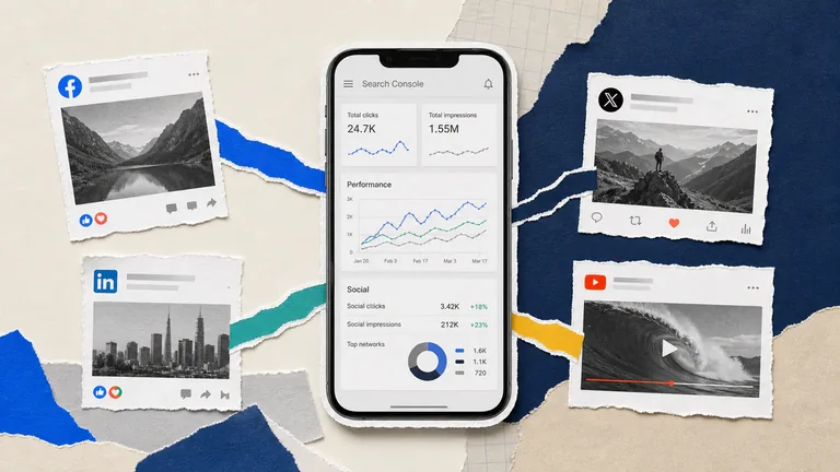 Colagem editorial sobre métricas de redes sociais no Google Search Console