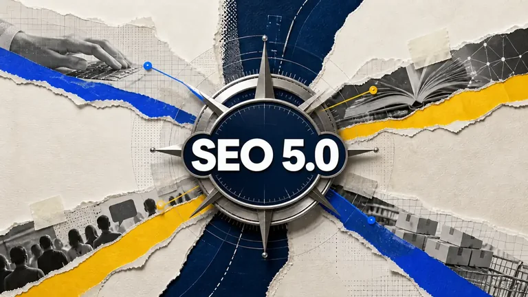 Colagem editorial com compasso e o texto SEO 5.0 ao centro