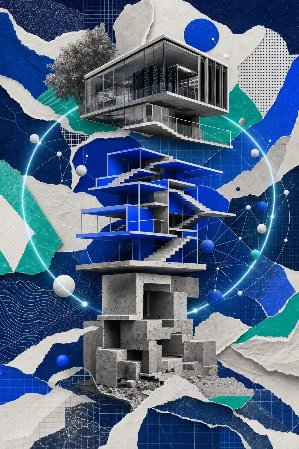 Colagem editorial abstrata com uma estrutura de concreto que evolui em camadas, de blocos brutos a formas modulares azuis e vidro, ligadas por uma órbita luminosa que sugere ciclos de melhoria.