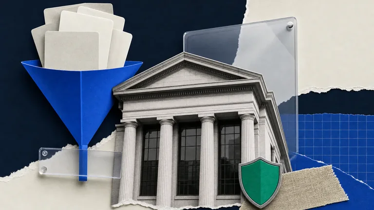 Fachada bancária, funil azul de seleção e escudo de proteção em colagem editorial sobre GEO para bancos e seguradoras.