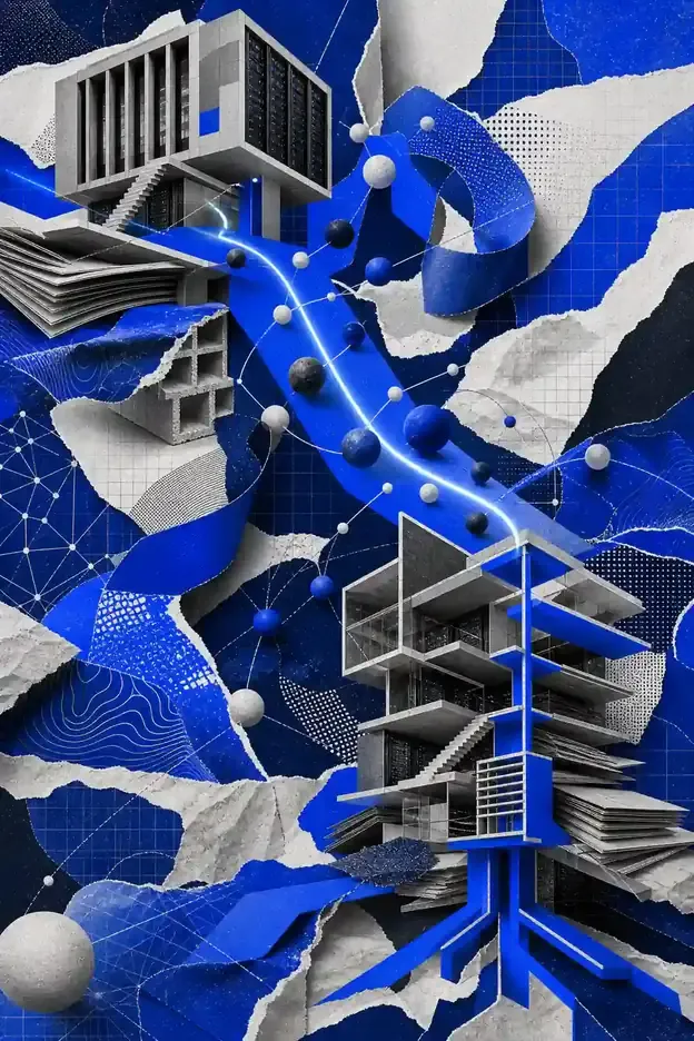 Colagem editorial abstrata com servidores, estruturas modulares e uma rota azul conectando sistemas em transição.