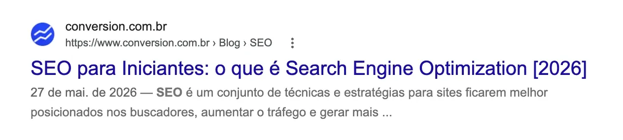 Snippet do Google para a busca por SEO, com título, data e descrição do resultado da Conversion.