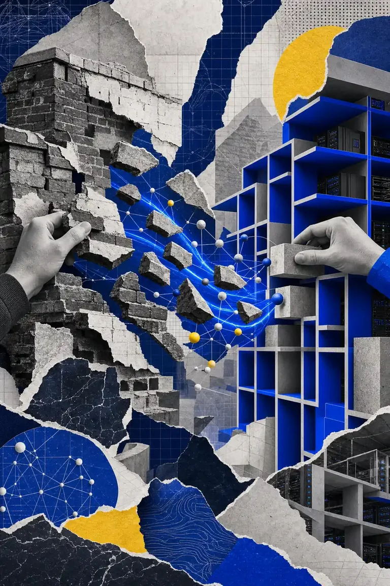 Colagem editorial abstrata com um muro de tijolos se desmontando em fragmentos que fluem por um condutor azul luminoso até uma estrutura modular nova, representando a migração de conteúdo para um CMS.