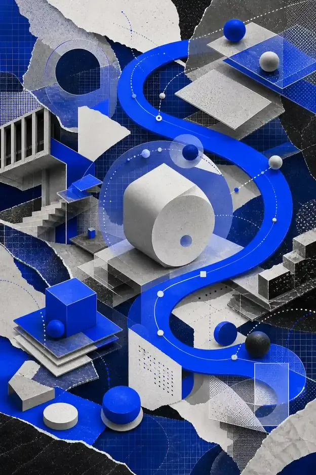 Colagem editorial abstrata com percurso azul, camadas geométricas e estruturas modulares representando a experiência de navegação.