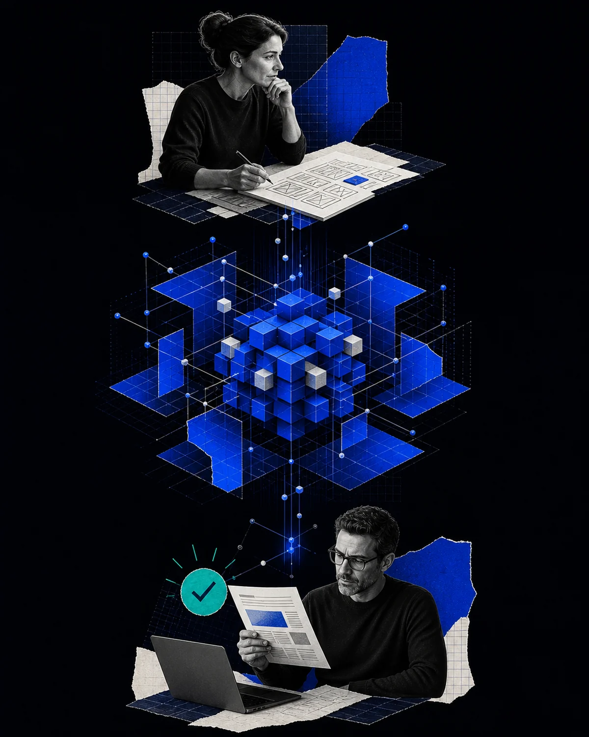 Metodologia vertical: consultor humano no alto, agentes no centro e revisor humano embaixo