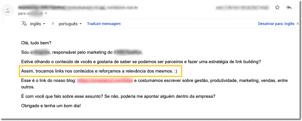 E-mail de prospecção sugerindo troca de links