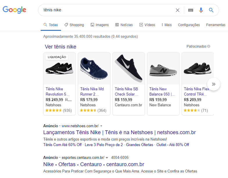 SERP com Anúncios e Google Shopping