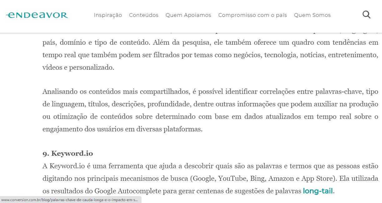 Tela da Endeavor com Link Lon Tail