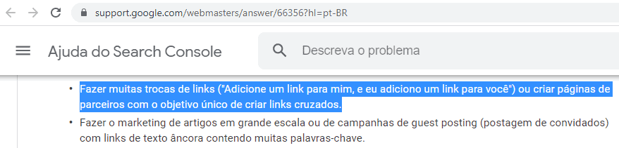 Google falando sobre troca de links