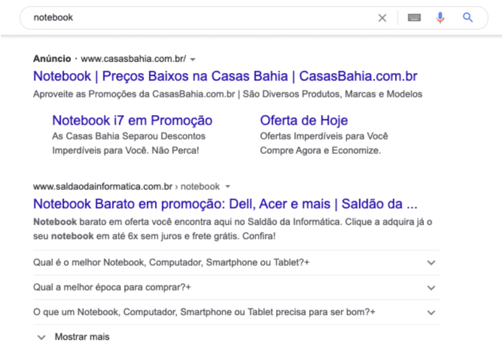 Primeira posição no Google para notebook