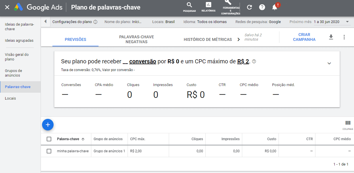 Plano de Palavras-chave no Google Keyword Planner
