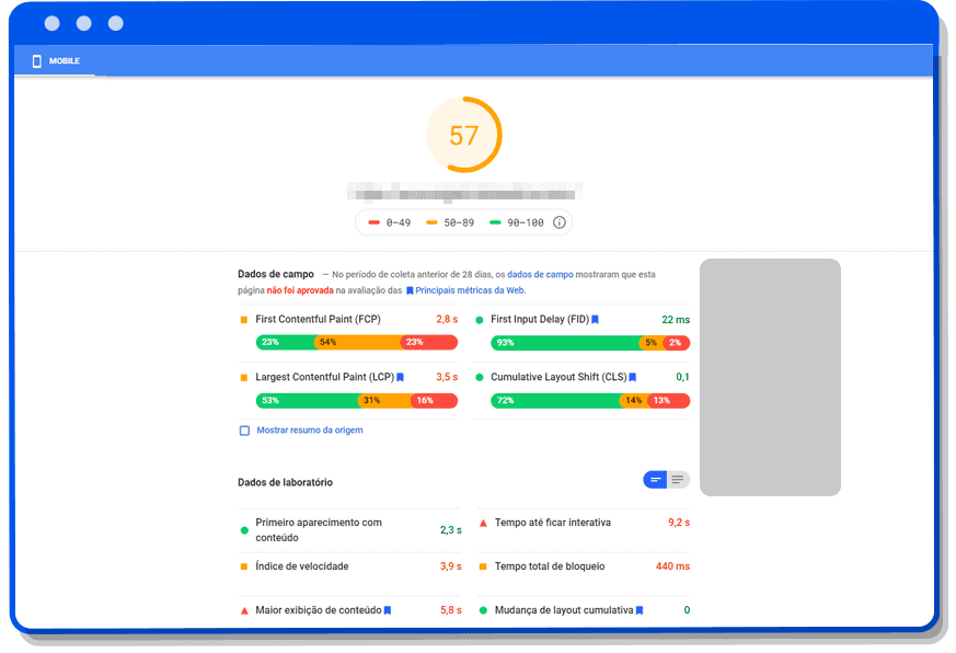 Tela Google Page Speed Insights Celular