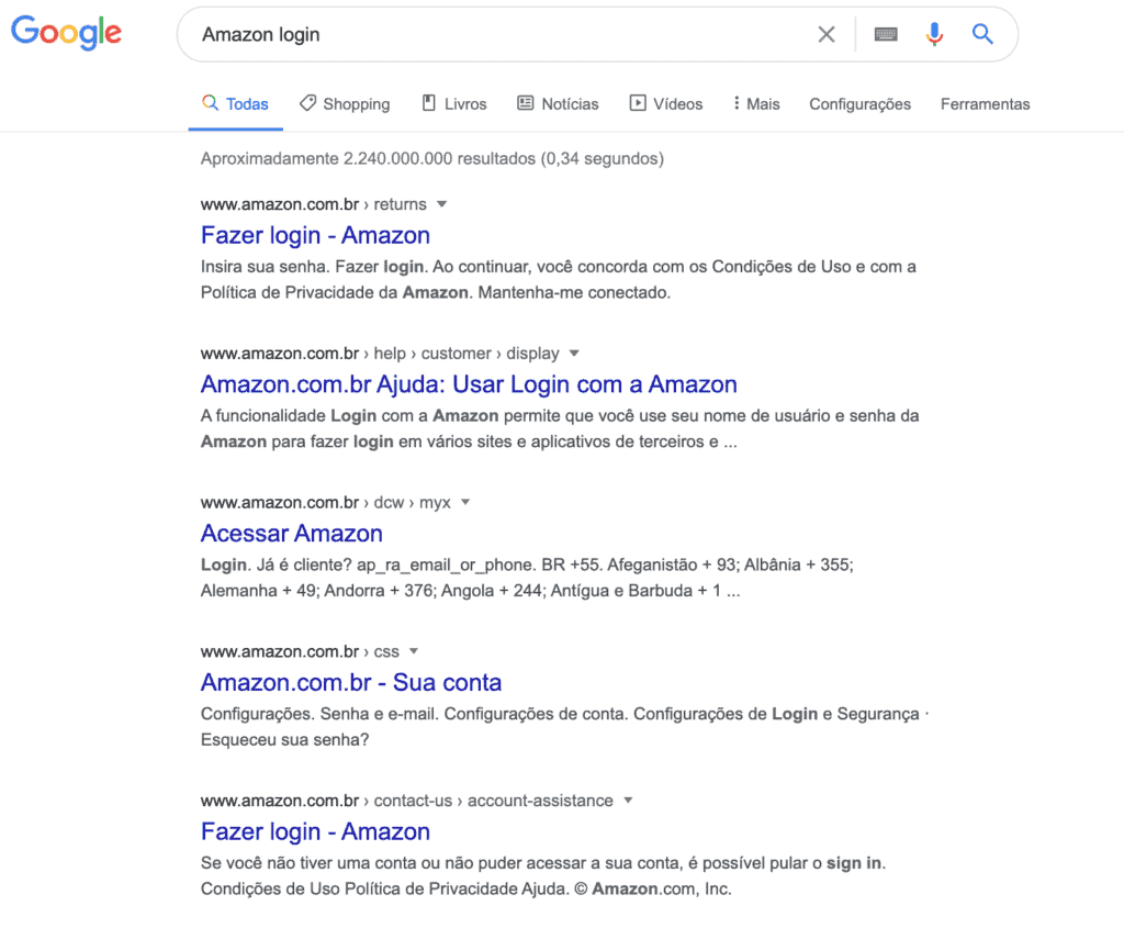 Busca no Google para "amazon login" demonstrando a intenção de busca do tipo navegacional