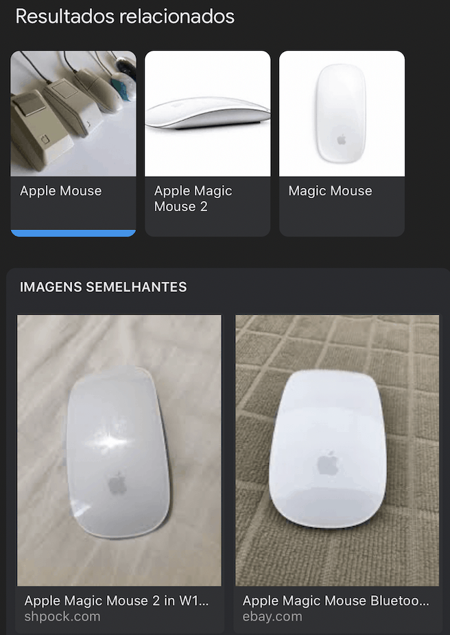 Resultados relacionados do Google Lens