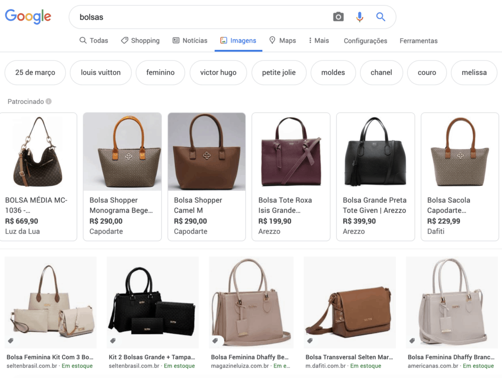 Tela do Google Imagens com resultados patrocinados e orgânicos