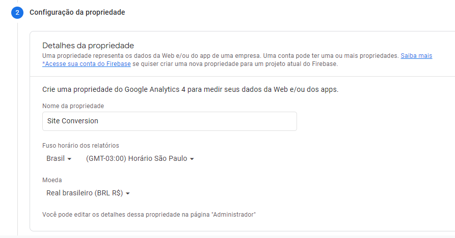 detalhes da propriedade do Google Analytics