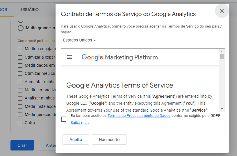 Contrato de Termos de Serviço do Google Analytics