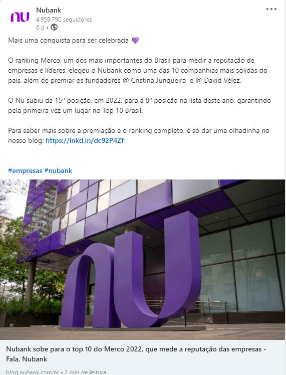 Post no linkedin nubank - canais de marketign digital