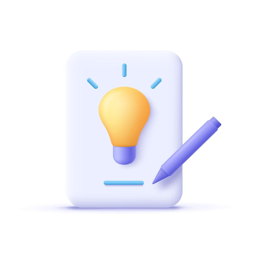 imagem de uma caneta, um papel e uma lâmpada representando a ideia de criação de conteúdo