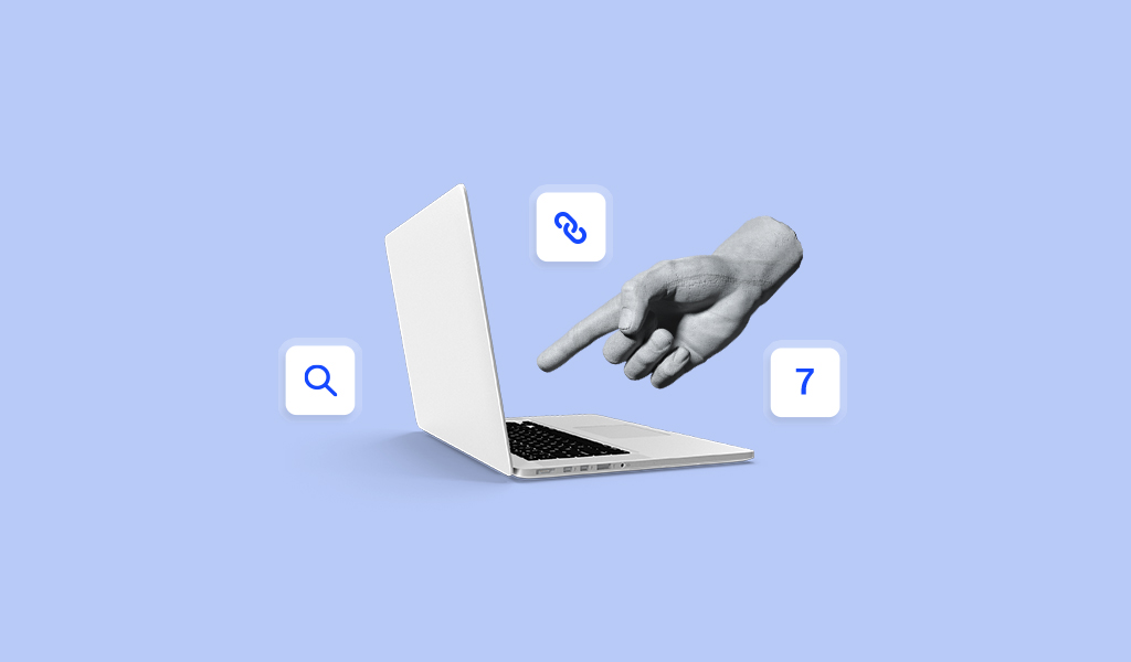 Uma mão aponta para um notebook aberto, com ícones de links e buscas, representando as fontes de tráfego.