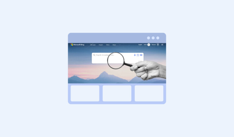Uma mão segurando uma lupa em uma página web