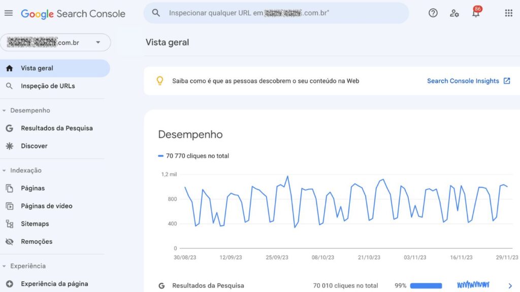 Vista Geral do Google Search Console